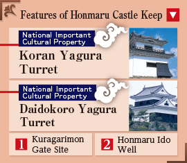 Features of Honmaru Castle Keep National Important Cultural Property Koran Yagura Turret National Important Cultural Property Daidokoro Yagura Turret 1Kuragarimon Gate Site 2Honmaru Ido Well