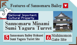 Features of Sannomaru Bailey National Important Cultural Property Sannomaru Minami Sumi Yagura Turret 5Sannomaru Bailey Hokusei Sumi Yagura Turret Site 6Nishinomon Gate Site