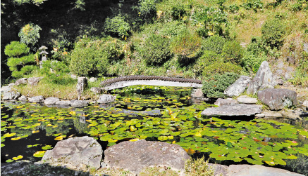 Pond and Fountain Garden with Islands Shaped like a Turtle and a Crane