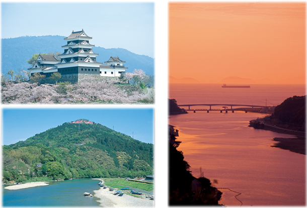 桜の大洲城・冨士山・長浜大橋遠景