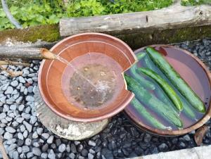 キウイを山水で冷やします