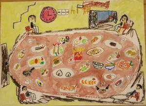 令和7年度大洲市食育コンクール入賞作品　絵画の部　5歳児部門　最優秀賞　作品名　かぞくでごはん♪なにをたべようかな💛