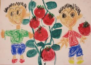 令和7年度大洲市食育コンクール入賞作品　絵画の部　5歳児部門　優秀賞　作品名　とまとが たくさん できたよ